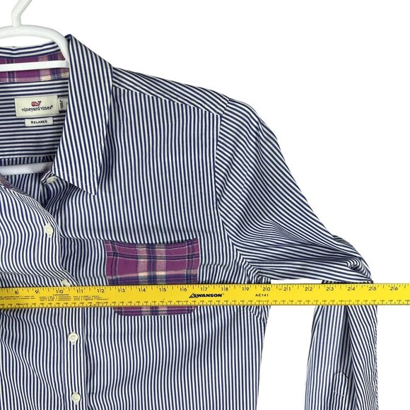 Vineyard Vines Womens 8 Relaxed Fit Purple Striped Button Up Shirt Plaid Pocket - Picture 9 of 15